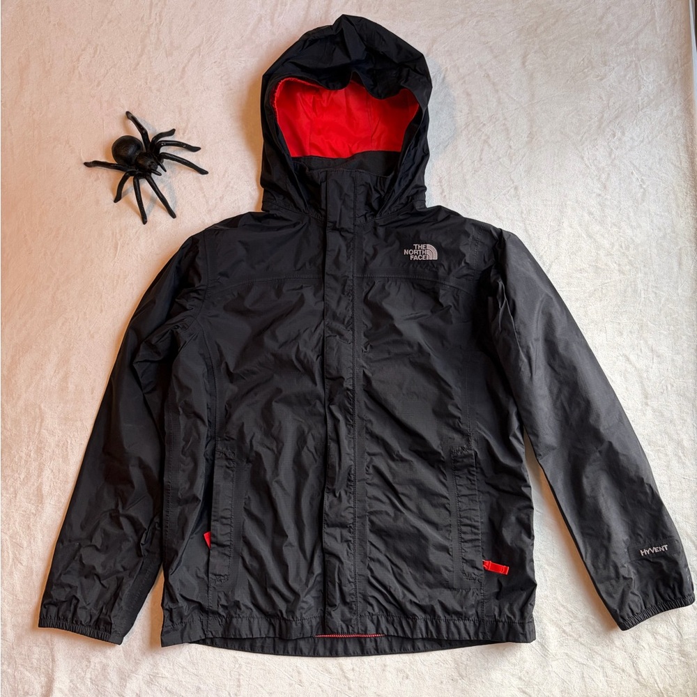 The North Face Kids Black Hooded Raincoat with Red HYVENT Lining